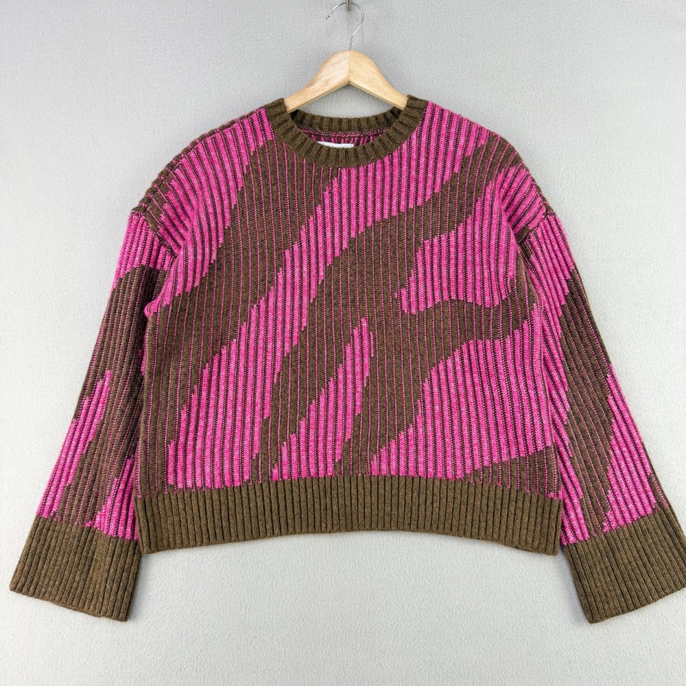 Nine West Always Pink Sweater Women XL Pink Brown Ribbed Knit Abstract NWT